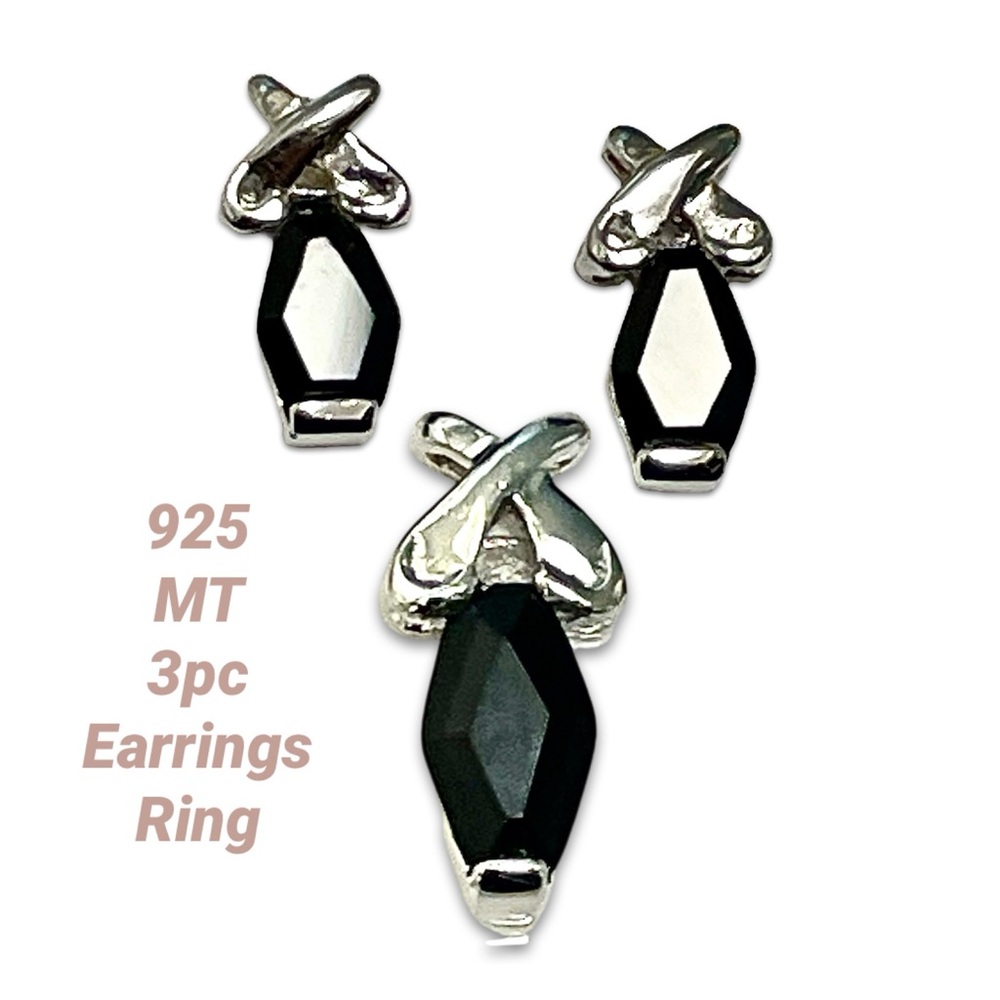 New Vintage 925 MT Stamped silver 3pc set stud earrings & pendant onyx gemstone